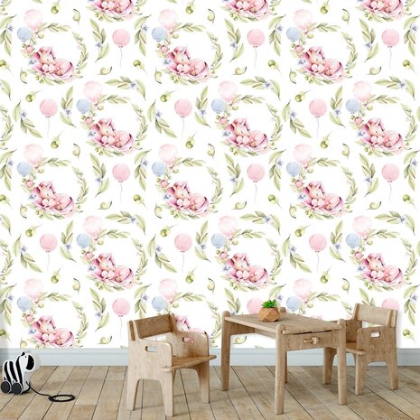 Vliesbehang &ndash; Slapende eenhoorns met bloemen | Roze