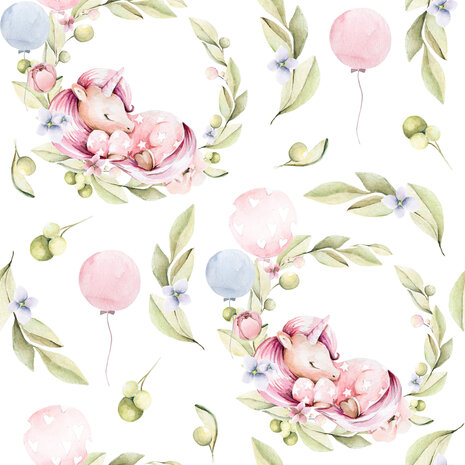 Vliesbehang &ndash; Slapende eenhoorns met bloemen | Roze