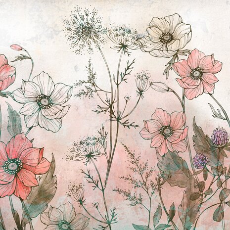 Aquarel Veldbloemen fotobehang Roze