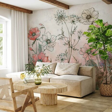 Aquarel Veldbloemen fotobehang Roze