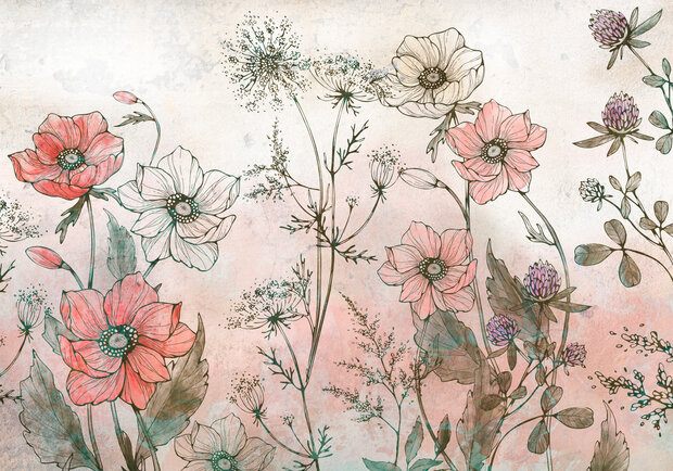 Aquarel Veldbloemen fotobehang Roze