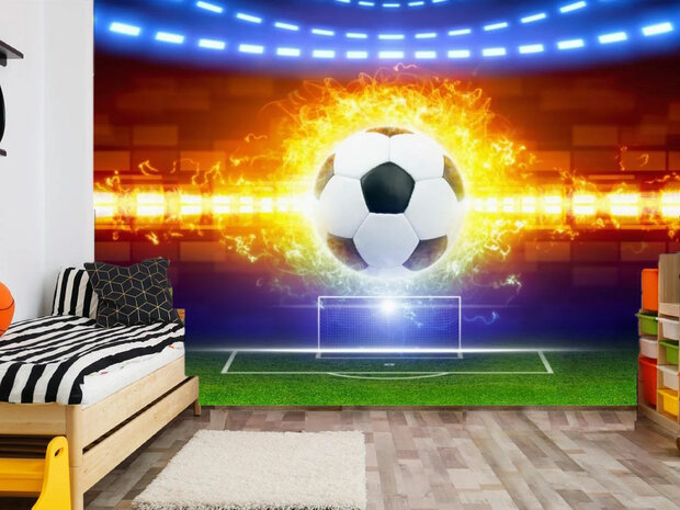 Voetbal fotobehang &ndash; Vurige Voetbal in het Stadion