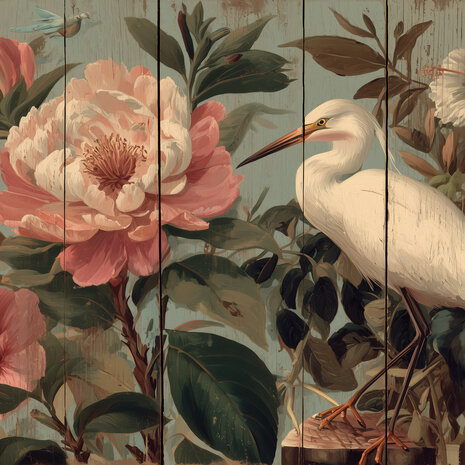 Reiger tussen Bloemen &ndash; Vintage Fotobehang