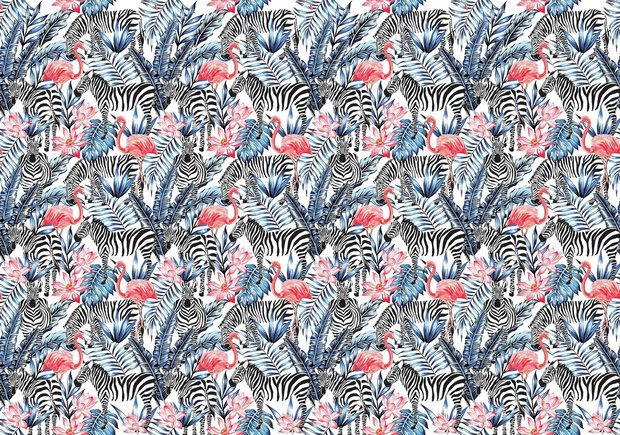 Zebra en Flamingo fotobehang