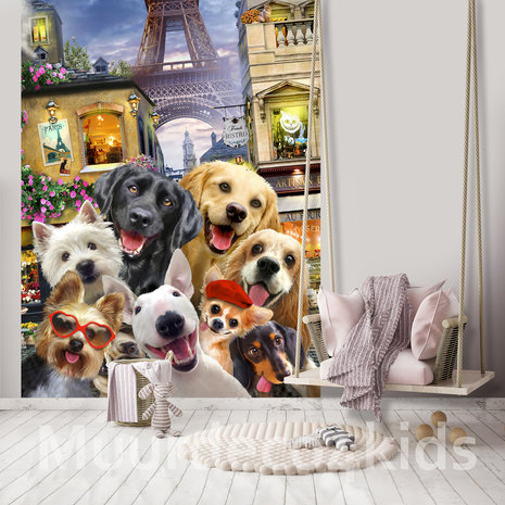 bundel Naschrift Kleuterschool Honden fotobehang Selfie Parijs | Muurdeco4kids