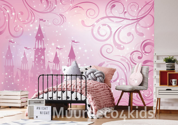 Sluiting Gelovige boekje Prinsessen kasteel behang - licht roze | Muurdeco4kids