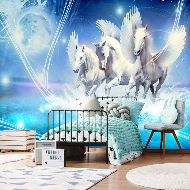 Paarden behang Pegasus blauw