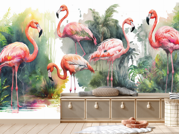 Aquarel fotobehang Flamingo&#039;s