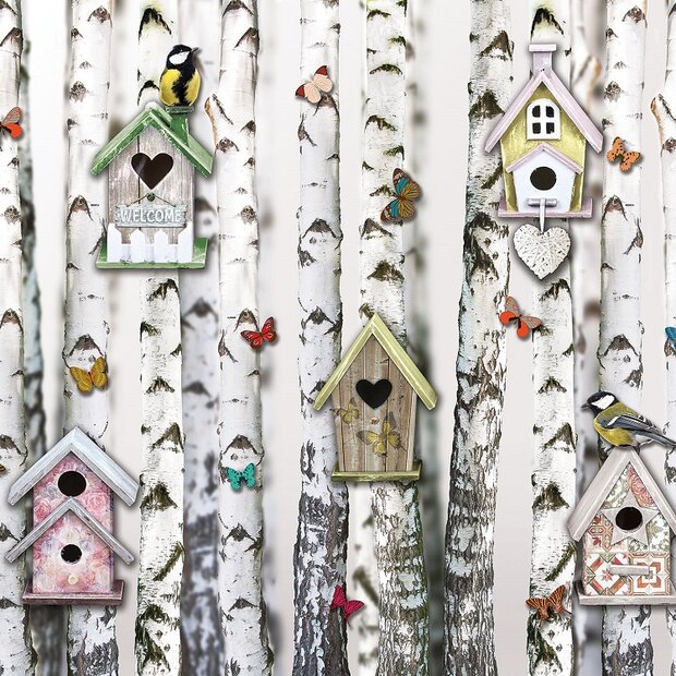 Bos behang Vogelhuisjes