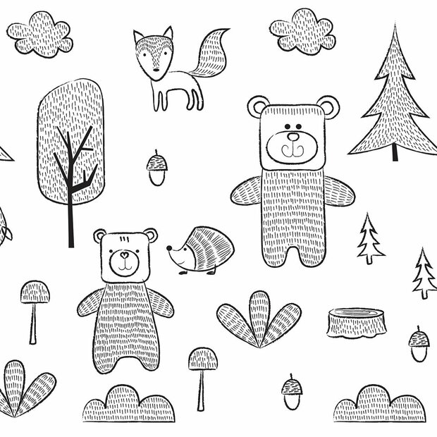 Dieren in het bos behang Zwart Wit