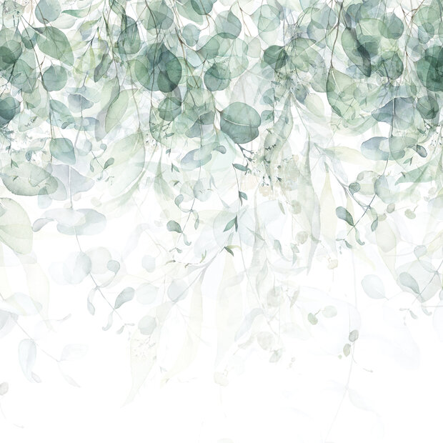 Botanisch behang Hangende bladeren groen-wit