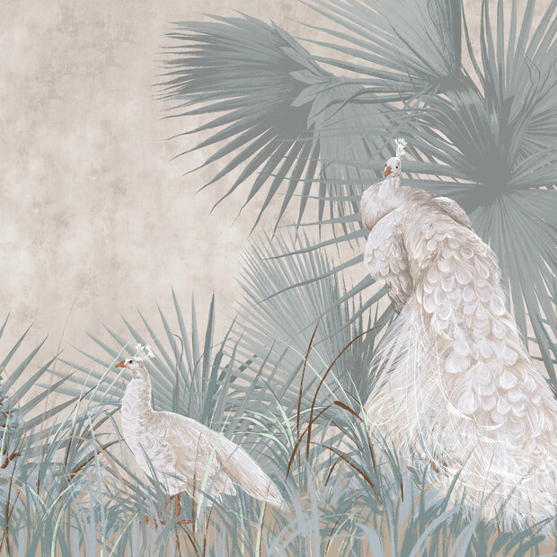 Palmbladeren behang Witte pauwen