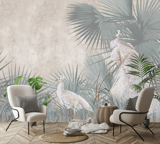 Palmbladeren behang Witte pauwen