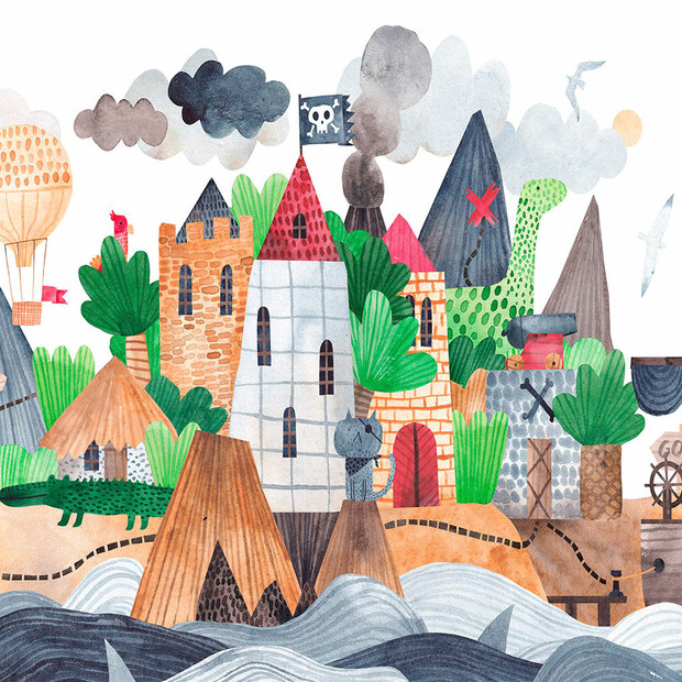 Piraten behang Schateiland met kasteel