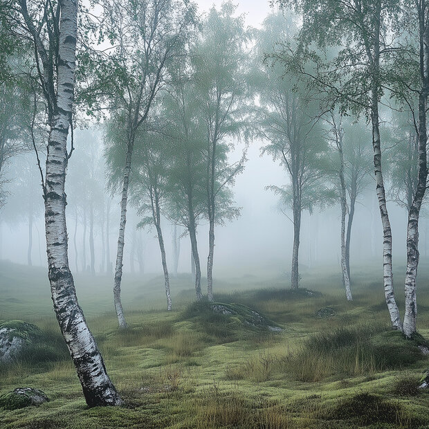 Mistig Berkenbos fotobehang V86