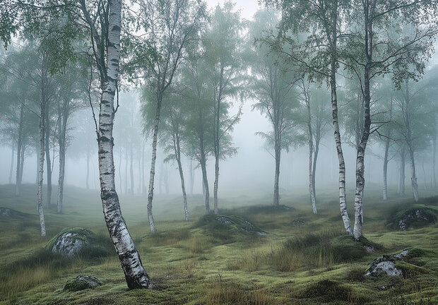 Mistig Berkenbos fotobehang V86