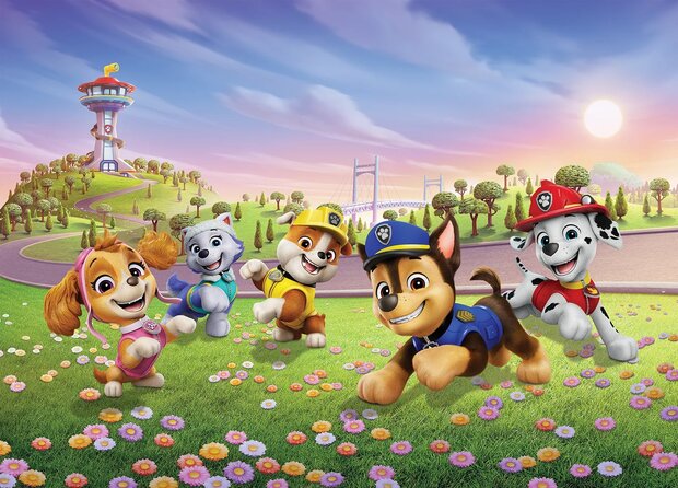 Paw Patrol fotobehang met Chase, Marshall, Skye en Rubble &ndash; kleurrijk kinderbehang van Muurdeco4kids