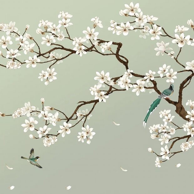 Bloesem fotobehang Magnolia en Vogels