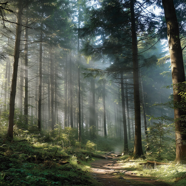 Bos fotobehang Zonnestralen in het Woud