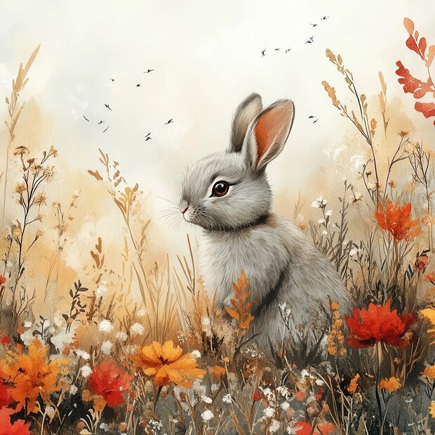 Autumn Meadow Bunny fotobehang 