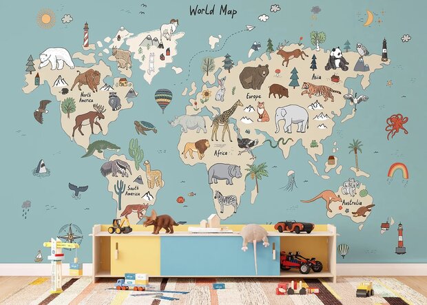 Wereldkaart fotobehang Dieren - Blauw Beige