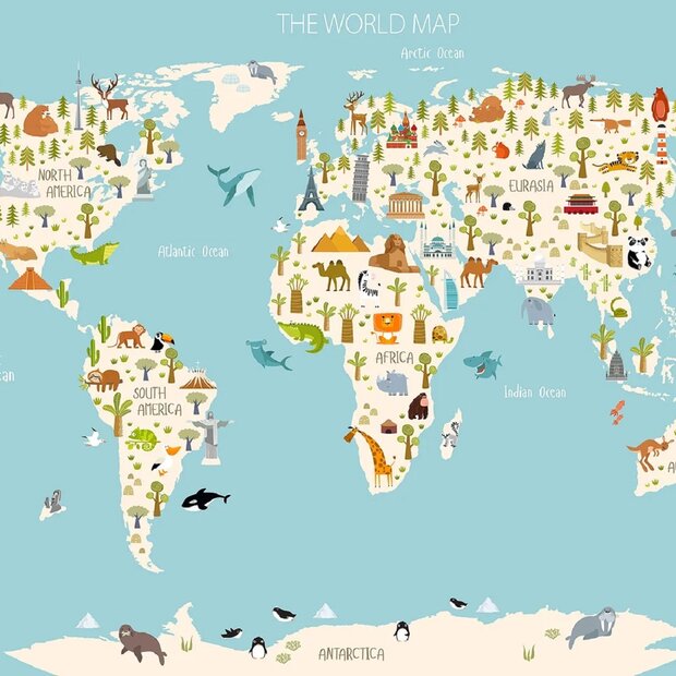 Wereldkaart fotobehang Dieren en Landmarks