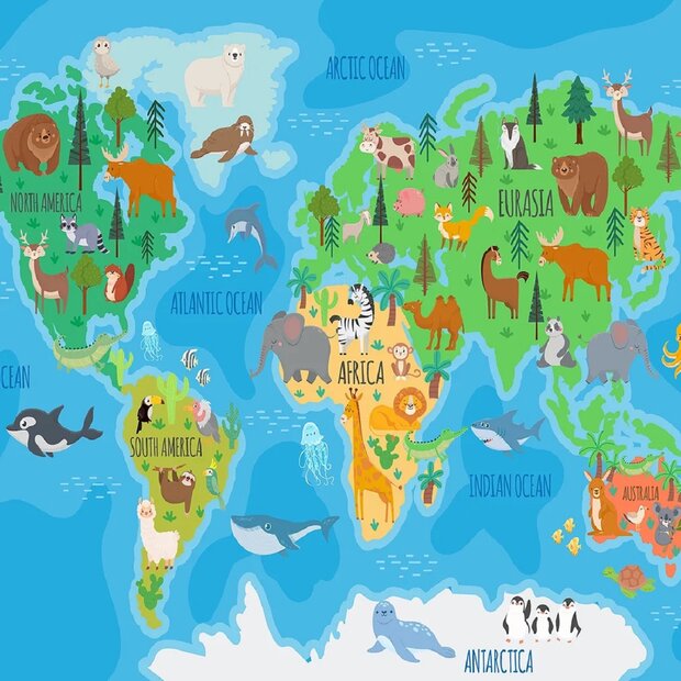 Wereldkaart fotobehang Dieren - Kleurrijk