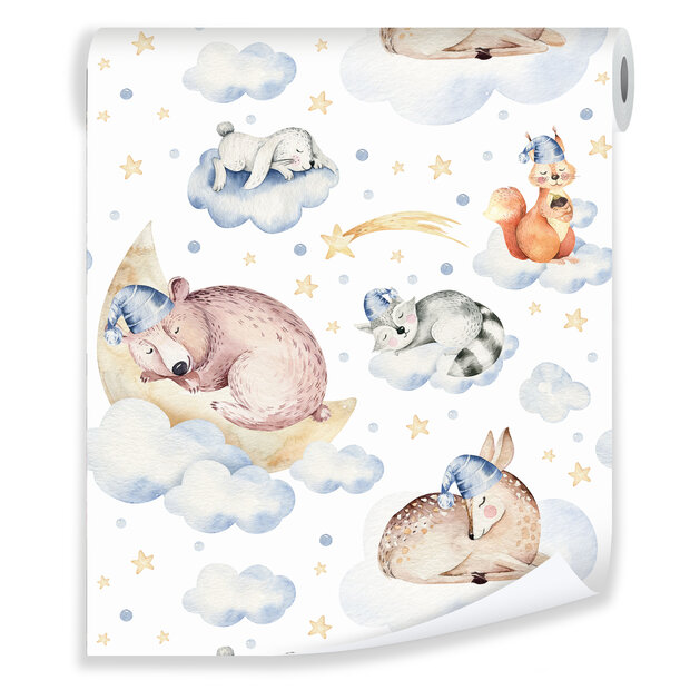 Vliesbehang &ndash; Slapende bosdieren op wolken | Blauw &amp; Beige