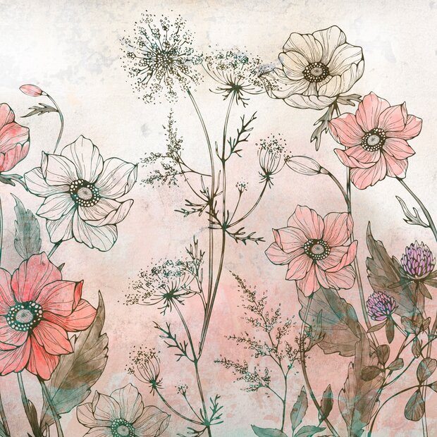 Aquarel Veldbloemen fotobehang Roze