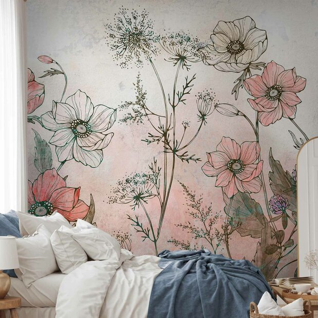 Aquarel Veldbloemen fotobehang Roze