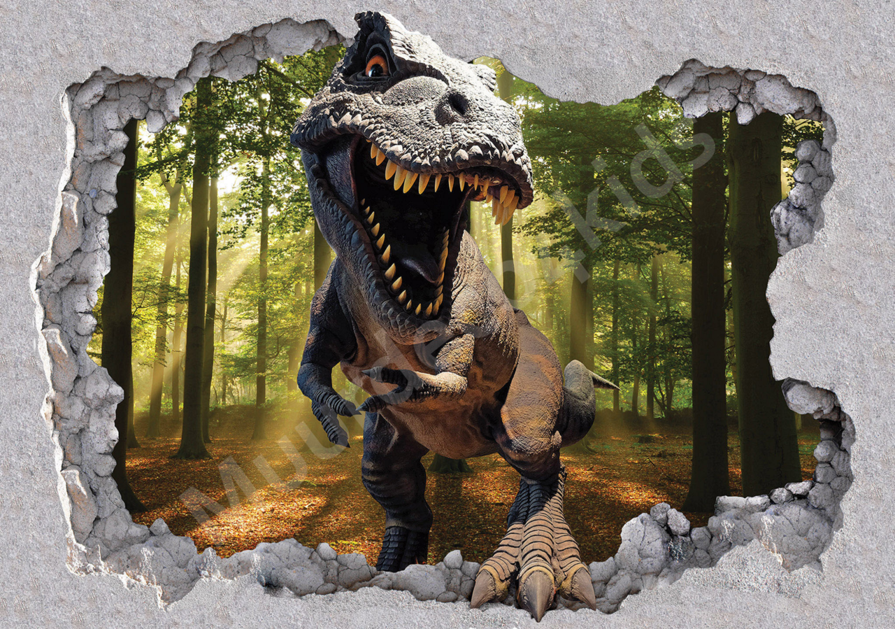 Pogo stick sprong Slaapzaal Parel Dinosaurus T-Rex fotobehang 3D Bos | Muurdeco4kids