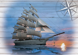 Zeilschip op hout fotobehang