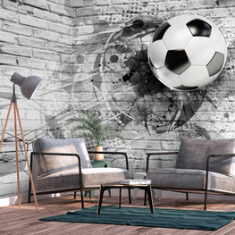Voetbal op muur I Graffiti fotobehang zwart-wit
