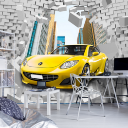 Auto door de muur behang