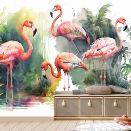 Aquarel fotobehang Flamingo's