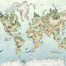 Wereldkaart behang dieren en vliegtuigen
