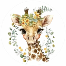 Giraffe muurcirkel Jong met bloemen