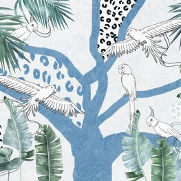 Papegaaien jungle behang Blauw Wit