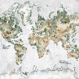Aquarel Wereldkaart met dieren behang Grijs